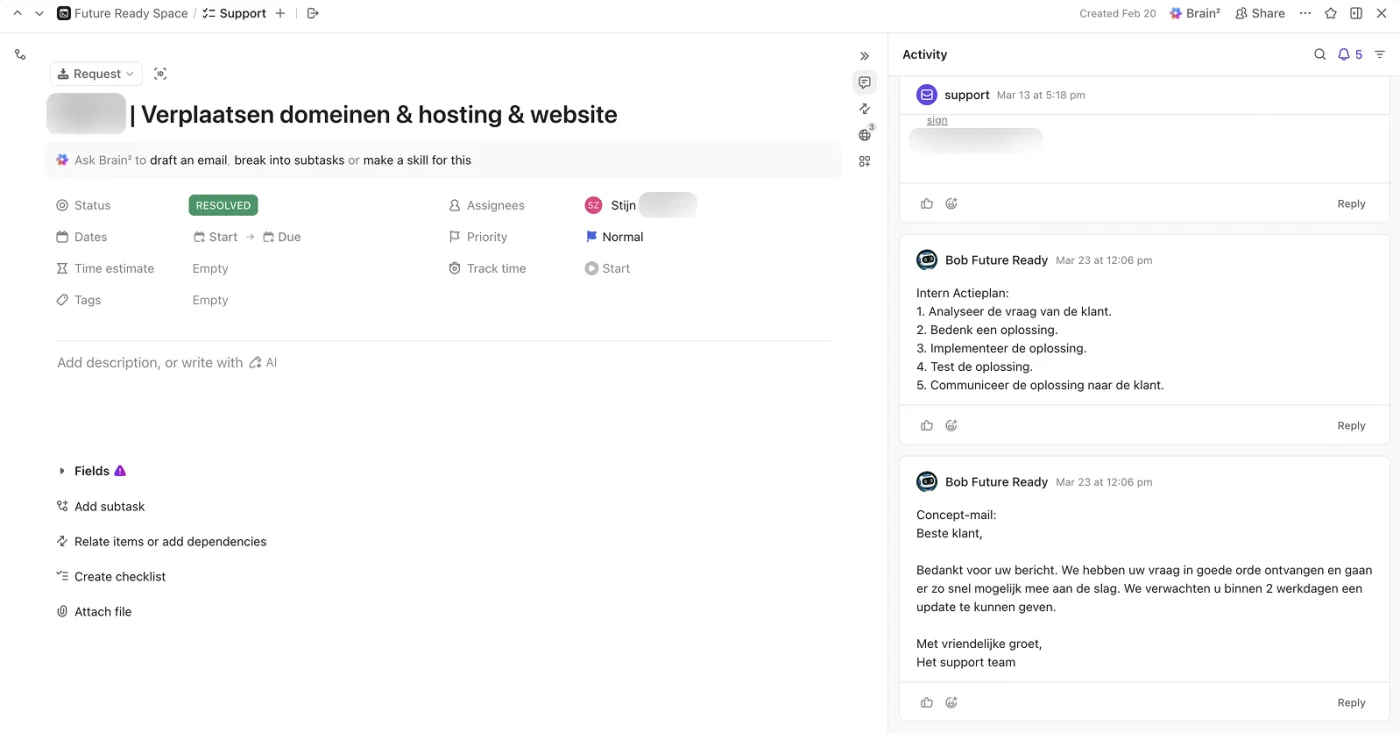Bob posting an internal action plan and a draft reply inside a client ticket