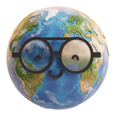 Planet Earth wearing the round Rivilo glasses, smiling