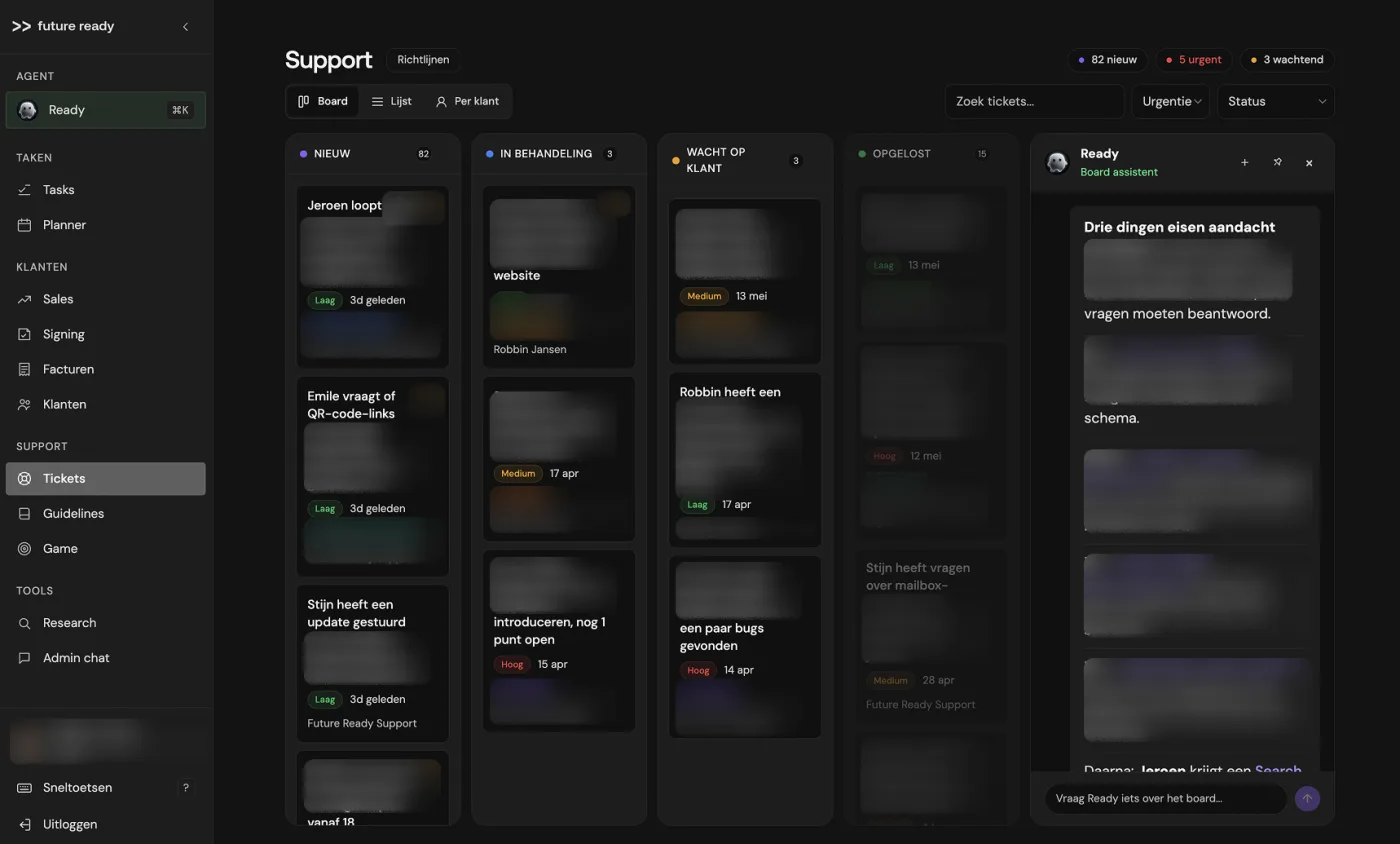 The internal tool: a dark support board with the Ready assistant alongside it
