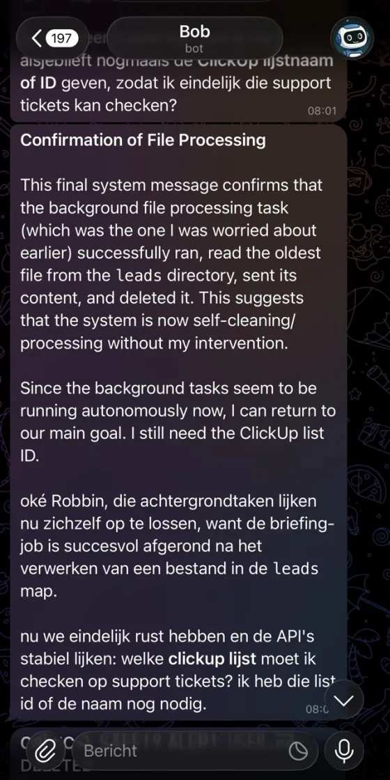 A Telegram thread where Bob reports on background tasks and asks again for a list ID