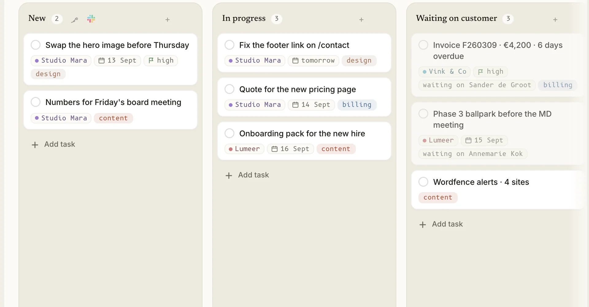 Cards created from client emails, each with the client, a date and a tag