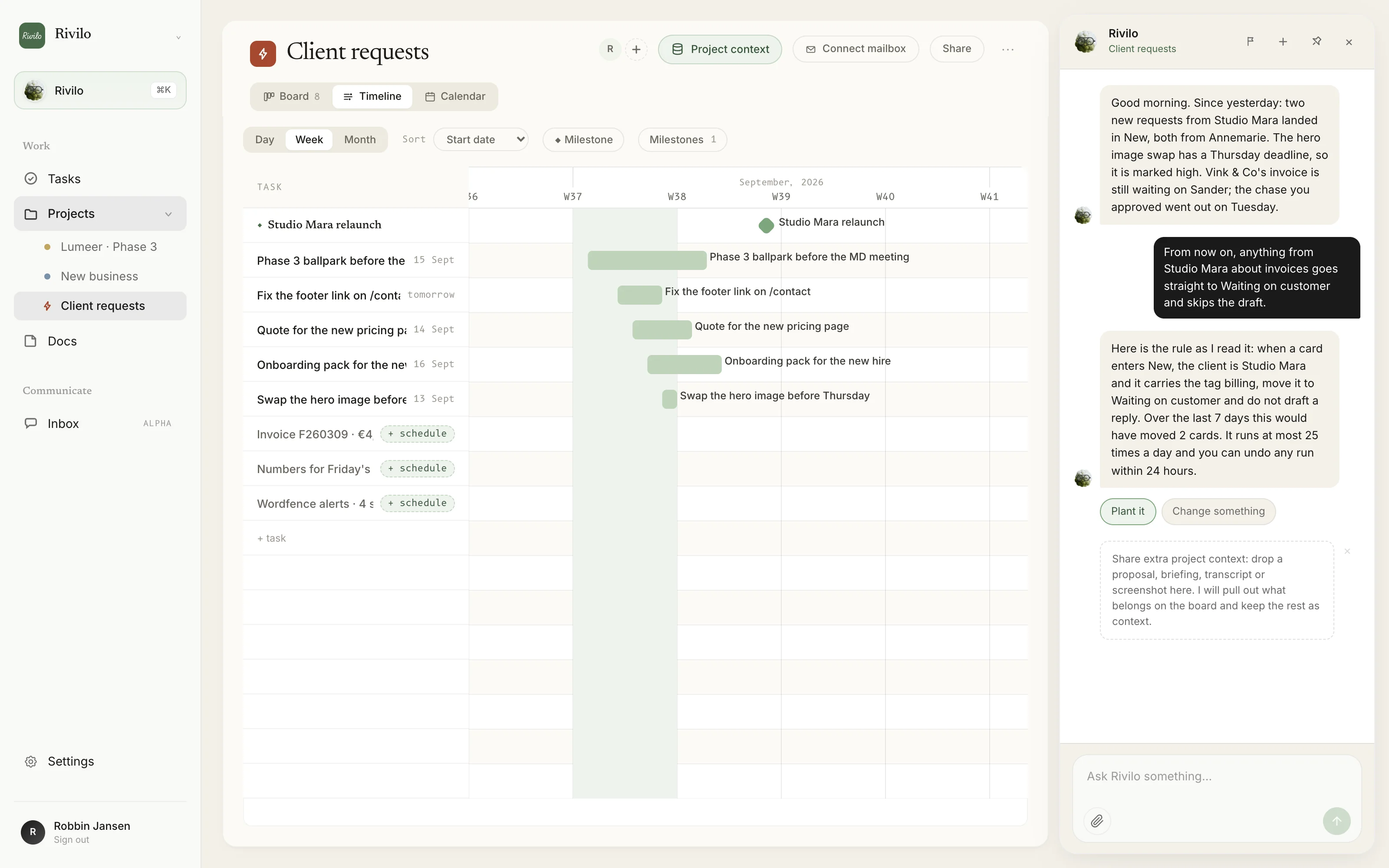Timeline view of a board with milestones and scheduled cards